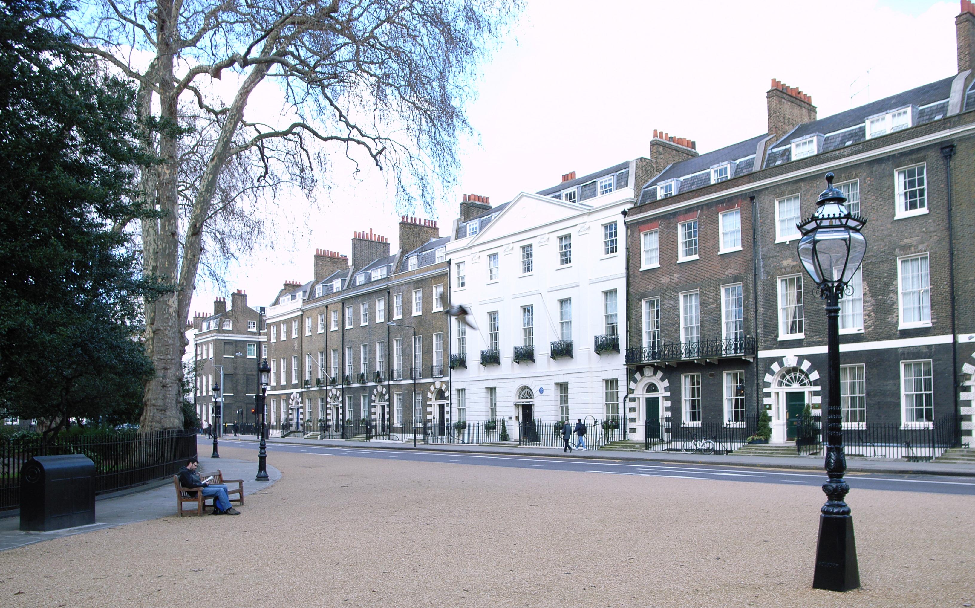 Georgian townhouses and mature trees around Bedford Square in Bloomsbury.